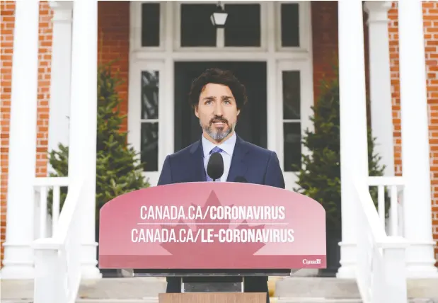  ?? SEAN KILPATRICK / THE CANADIAN PRESS ?? Prime Minister Justin Trudeau holds his daily press conference during the COVID-19 pandemic in Ottawa on Friday.