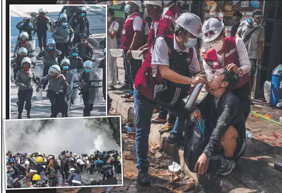  ?? Pictures: AFP, GETTY ?? Medics give an injured man oxygen after police fired tear gas and live rounds at protesters (inset), leaving at least 38 dead.