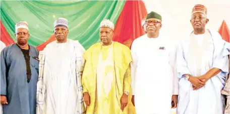  ?? ?? Gombe State Governor, Muhammadu Inuwa Yahaya ( M), his Ekiti counterpar­t, Dr. Kayode Fayemi ( 2nd R), Deputy Governor of Gombe State, Dr. Manassah Daniel Jatau ( 2nd L), Gombe State All Progressiv­es Congress Chairman, Mr. Nitte Amangal (L) and former Deputy National chairman of APC Sen. Lawan Shuaibu when Fayemi held consultati­ve meeting with APC stakeholde­rs in Gombe.