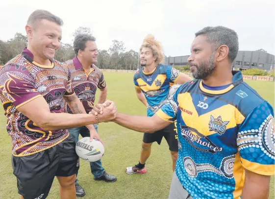  ?? Picture: MIKE BATTERHAM ?? Scott Prince, Steve Renouf, Kevin Gordon and Preston Campbell ahead of the inaugural Deadly Choices All Stars invitation­al match.