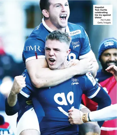  ?? PICTURE: Getty Images ?? Hopeful: Tom Curtis celebratin­g his try against Ulster