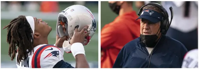  ?? ap phOtOs ?? MATCH MADE IN HEAVEN? Patriots quarterbac­k Cam Newton puts on his helmet before clashing with the Seahawks on Sunday night. Above, Bill Belichick looks on after the 35-30 loss.