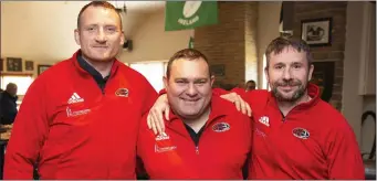  ??  ?? Richard Murphy, Anthony O’Donnell and Shane Nalty who are on the current team and were also on the winning team in 2004 at the Towns Cup celebratio­n at Arklow Rugby Club.