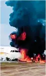  ?? ?? Fire engulfs the Airbus A319-100 after it skidded down the runway and the engine struck the tarmac.