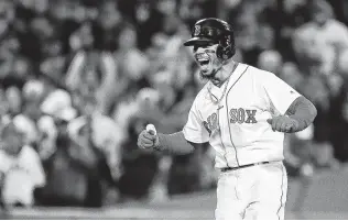  ?? Karen Warren / Staff photograph­er ?? Boston’s Mookie Betts celebrates his RBI double in the eighth that capped the scoring for the Red Sox. It was Betts’ second double of the game and first RBI of the ALCS.