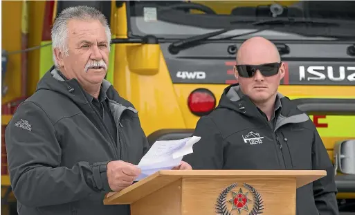  ?? JOHN BISSET/STUFF ?? Chief fire officer Simon Fox speaks at the opening of the new resource garage at Twizel Fire Station on Saturday.