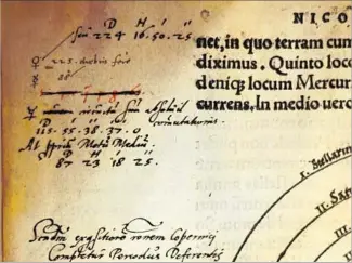  ?? J. Donvil Universite de Liege / Wikimedia Commons ?? A DETAIL FROM the 1543 version of “De Revolution­ibus Orbium Coelestium” by Nicolaus Copernicus. The most valuable book among those stolen was a copy of it dating from 1566.