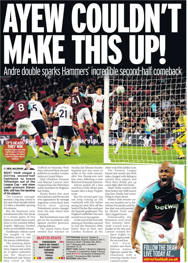  ??  ?? IT’S HEADS THEY WIN Angelo Ogbonna (far right) powers home the winner for West Ham to leave Spurs reeling