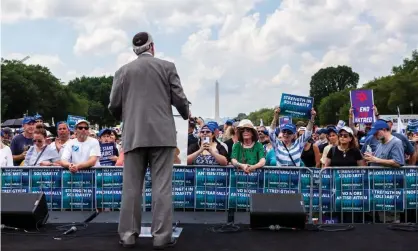  ?? July. Photograph: Allison Bailey/REX/Shuttersto­ck ?? Rabbi Jeffrey Myers of the Tree of Life Synagogue speaks at the ‘No Fear Rally in Solidarity with the Jewish People’ event in Washington last