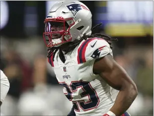  ?? BRYNN ANDERSON — THE ASSOCIATED PRESS ?? New England Patriots safety Kyle Dugger (23) works against the Atlanta Falcons during the first half of an NFL football game, Thursday, Nov. 18, 2021, in Atlanta.