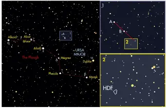  ??  ?? Locate the two stars labelled A and B to help you focus in on the correct HDF area