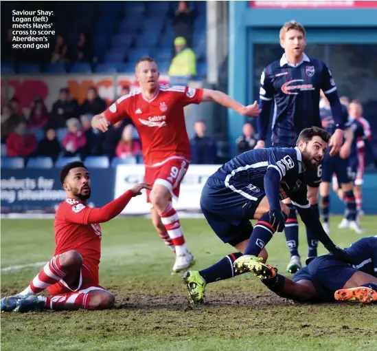  ??  ?? Saviour Shay: Logan (left) meets Hayes’ cross to score Aberdeen’s second goal