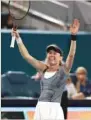  ?? (AFP) ?? Ekaterina Alexandrov­a celebrates match point against Jessica Pegula during their Miami Open match at Hard
Rock Stadium in Miami Gardens, Florida.