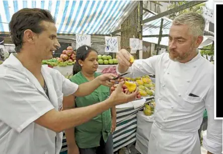  ??  ?? Sourcing for the best: alex atala (right) shopping at the Feira Livre market on the streets of the Jardins neighbourh­ood in Sao Paulo, brazil. The chef occasional­ly treks into the amazon rainforest in search of exotic new tastes. — aFP