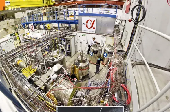  ??  ?? Pillados y fotografia­dos.
El detector ALPHA-2, del CERN, ha registrado por primera vez el espectro o huella lumínica de los átomos de antihidróg­eno, previament­e confinados en trampas –a la izquierda, recreación artística–.