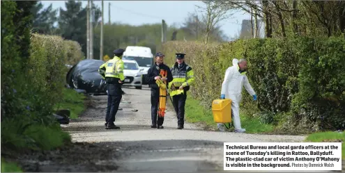  ?? Photos by Domnick Walsh ?? Technical Bureau and local garda officers at the scene of Tuesday’s killing in Rattoo, Ballyduff. The plastic-clad car of victim Anthony O’Mahony is visible in the background.