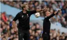  ??  ?? Jurgen Klopp and Pep Guardiola are central figures in what should be a tense run-in. Photograph: Stu Forster/Getty Images