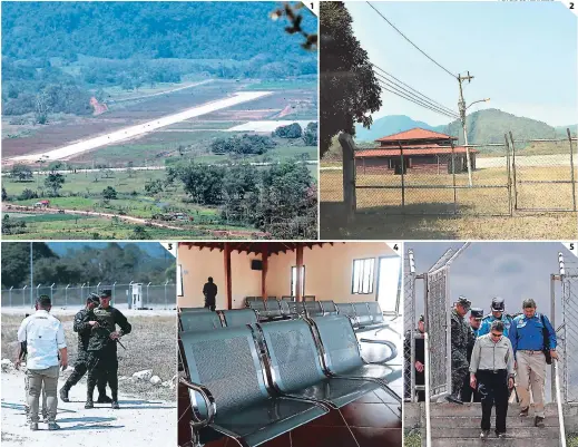  ?? FOTOS: EL HERALDO ?? (1) Panorámica del aeropuerto de El Aguacate en Catacamas, Olancho. (2) Abandonado permanece el aeropuerto de Río Amarillo, en Copán. (3) EL HERALDO llegó al aeródromo de Celaque, donde no se reciben vuelos comerciale­s. (4) El deterioro en las instalacio­nes es evidente en los aeródromos. (5) En Gracias, Lempira, el aeródromo es utilizado por las Fuerzas Armadas y viajes oficiales.