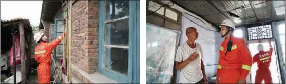  ??  ?? From left: Firefighte­rs visit residents and check for damage in Guye district, Tangshan, Hebei province, which was hit by a 5.1 magnitude earthquake on July 12.