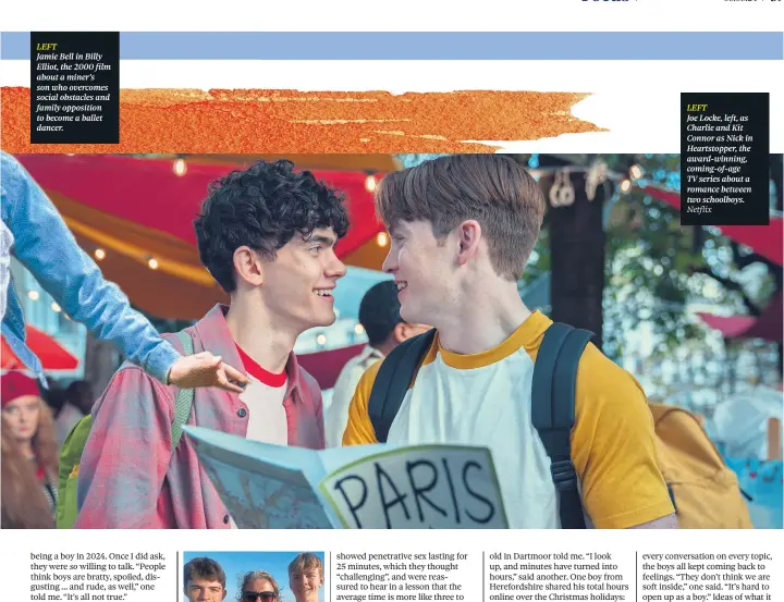  ?? Netflix ?? LEFT
Joe Locke, left, as Charlie and Kit Connor as Nick in Heartstopp­er, the award-winning, coming-of-age TV series about a romance between two schoolboys.
