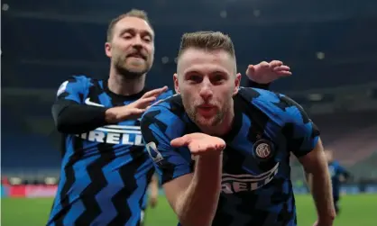  ??  ?? Internazio­nale’s Milan Skriniar blows a kiss to the camera after scoring what proved to be the winner against Atalanta at San Siro. Photograph: Emilio Andreoli/Inter/Getty Images