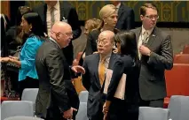  ?? PHOTO: REUTERS ?? The Russian and Chinese ambassador­s to the United Nations, Vasilly Nebenzia, left, and Liu Jieyi, chat after the UN Security Council’s emergency meeting to discuss North Korea’s latest nuclear test.