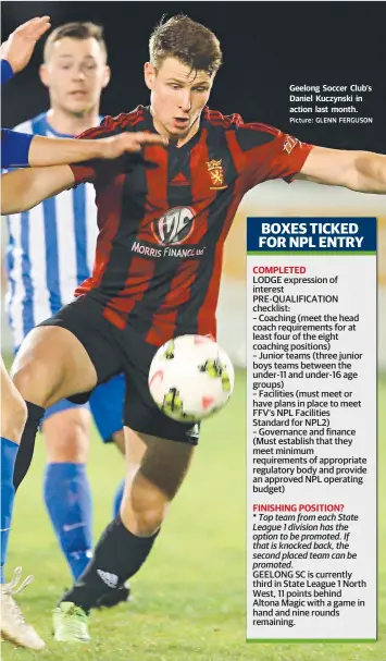  ?? Picture: GLENN FERGUSON ?? Geelong Soccer Club’s Daniel Kuczynski in action last month. COMPLETED FINISHING POSITION?