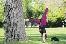  ??  ?? The L stand with one leg lifted pose can be “scary” but Johanna Steinfeld recommends having a self-affirming mantra to help nerves.