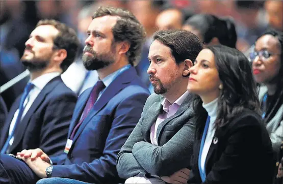  ?? EFE ?? Pablo Casado (PP), Iván Espinosa de los Monteros (Vox), Pablo Iglesias (Podemos) e Inés Arrimadas (Ciudadanos), ayer en la Cumbre del Clima.