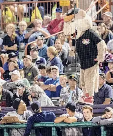  ?? James Franco / Special to the Times Union ?? Tri-city Valleycats mascot Southpaw at the Not So Scary Halloween Night razzes the Staten Island Yankees.