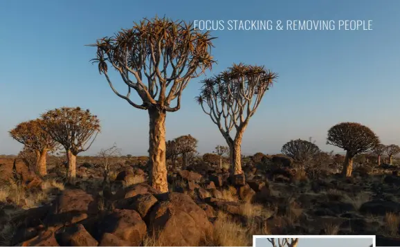  ?? ?? Top: Quiver Tree Forest, Keetmansho­op, Namibia. When you are photograph­ing at sunset, you don’t have time to wait for people to move. Luckily you can magically remove them, as long as they are moving (inset).