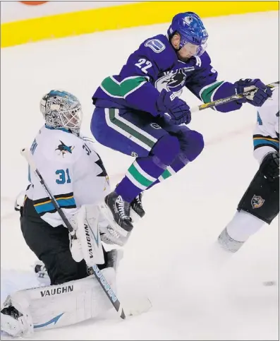  ?? MARK VAN MANEN/PNG ?? The Canucks didn’t have much jump but Daniel Sedin leaps to avoid a puck.
