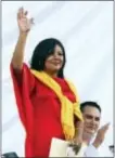  ?? TONY RIVERA — AP ?? Gisela Mota waves Friday during her swearing in ceremony as mayor of Temixco, Morelos State, Mexico. The Morelos state Public Security Commission says attackers invaded Mota’s house on Saturday morning and killed her.