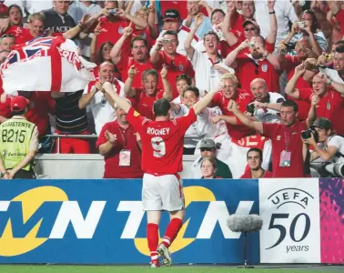  ??  ?? Unstoppabl­e... Rooney celebrates scoring against Croatia at Euro 2004