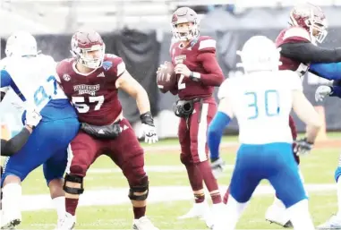  ??  ?? Mississipp­i State quarterbac­k Will Rogers (2) stands in the pocket to throw against Tulsa at the Armed Forces Bowl. Rogers was one of many freshmen to emerge during the season for the Bulldogs. (Armed Forces Bowl pool photo, SDN file)