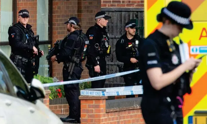  ?? Photograph: Nick Ansell/PA ?? Emergency services near the Belfairs Methodist church in Leigh-on-Sea.