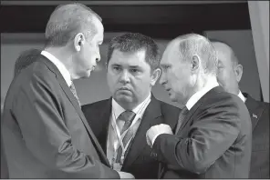  ?? AP/ Sputnik/ ALEXEI NIKOLSKY ?? Presidents Recep Tayyip Erdogan ( left) of Turkey and Vladimir Putin ( right) of Russia meet Wednesday in Sochi, Russia, where they discussed the quagmire in Syria.