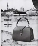  ??  ?? Dall’alto: la futura regina del Belgio
Paola Di Liegi nel 1964 con una Bamboo Bag; Guccio Gucci, il fondatore della casa di moda, una pubblicità del 1964.