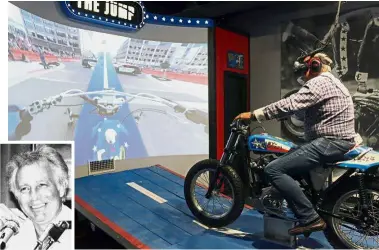  ?? — AFP/AP ?? Virtual
velocity: Ron Pope jumps a motorcycle over a group of police cars – via virtual reality – at the museum dedicated to Knievel (inset) in Topeka, Kansas.