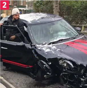  ??  ?? Penny drops: He realises his wrecked Mini has lost a wheel