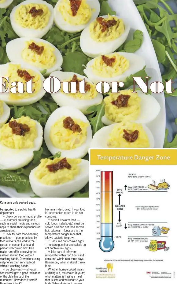  ?? ?? Consume only cooked eggs.
The danger zone must be avoided; this is the temperatur­e range in which bacteria grow most rapidly, between 40°F (5°C) and 140°F (60°C).