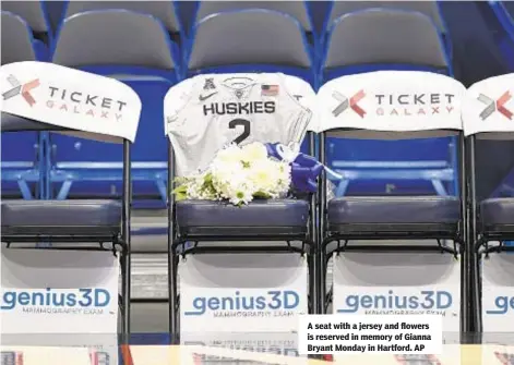  ??  ?? A seat with a jersey and flowers is reserved in memory of Gianna Bryant Monday in Hartford. AP