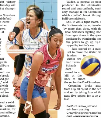  ?? —SHERWIN VARDELEON ?? BaliPure is now just one win from ousting Creamline in their semifinal duel.