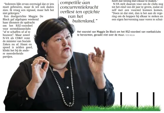  ?? FOTO BELGA ?? Het voorstel van Maggie De Block om het RSZ-voordeel van voetbalclu­bs te hervormen, geraakt niet over de muur.