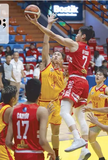  ?? JUN MENDOZA ?? Calvin Oftana of San Beda lays it up nice and easy over Warren Bonifacio (4) of Mapua in their NCAA game yesterday at the Filoil Flying V Center.