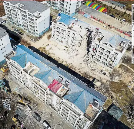  ??  ?? Scene of carnage: An aerial photo showing the explosion site at Xiangyang residentia­l community in Baotou City. Inset: One of the three connecting blocks of the apartment was almost levelled. — Xinhua