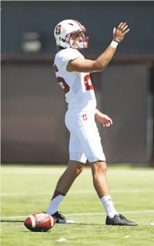  ?? Scott Strazzante / The Chronicle ?? Toner appears to have the inside track for the kicking job. He hit four field goals in Stanford’s spring game.