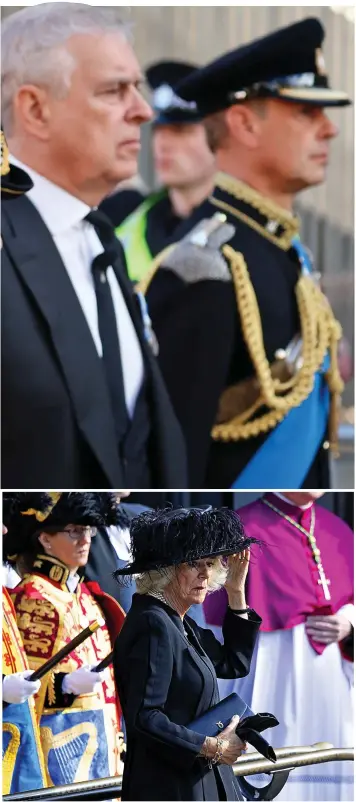  ?? ?? Solemn: Queen Consort Camilla outside the cathedral as the hearse arrives