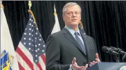  ?? SUZANNE KREITER/THE BOSTON GLOBE / POOL PHOTO ?? Gov. Charlie Baker addresses the media Wednesday about his $668 million relief bill for small businesses.