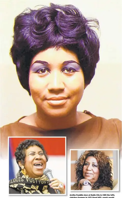  ??  ?? Aretha Franklin stars at Radio City in 1989 (far left), clutches Grammy in 1975 (inset left), sports purple accents circa 1967 (top), belts one out in Detroit in 2011 (lefit) and sits for interview (above) in 2010.